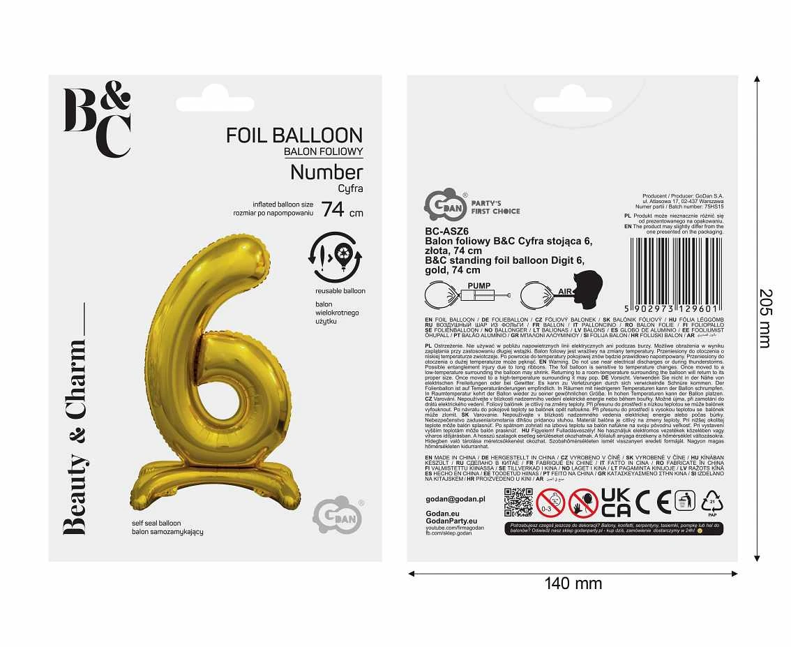Balon foliowy B&C Cyfra stojąca 6, złota, 74 cm AA